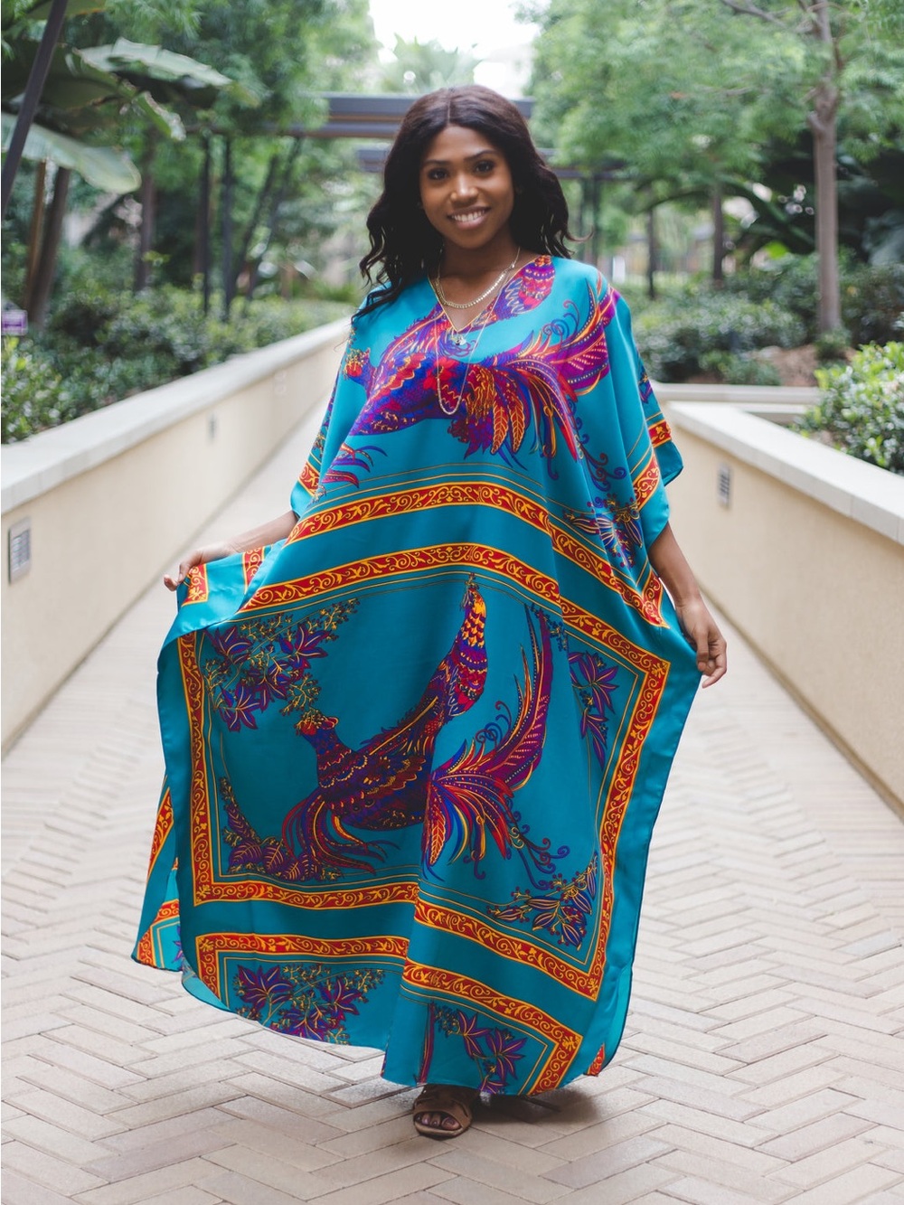 NWT PEACOCK LONG CAFTAN - TEAL GODDESS BY Winlar